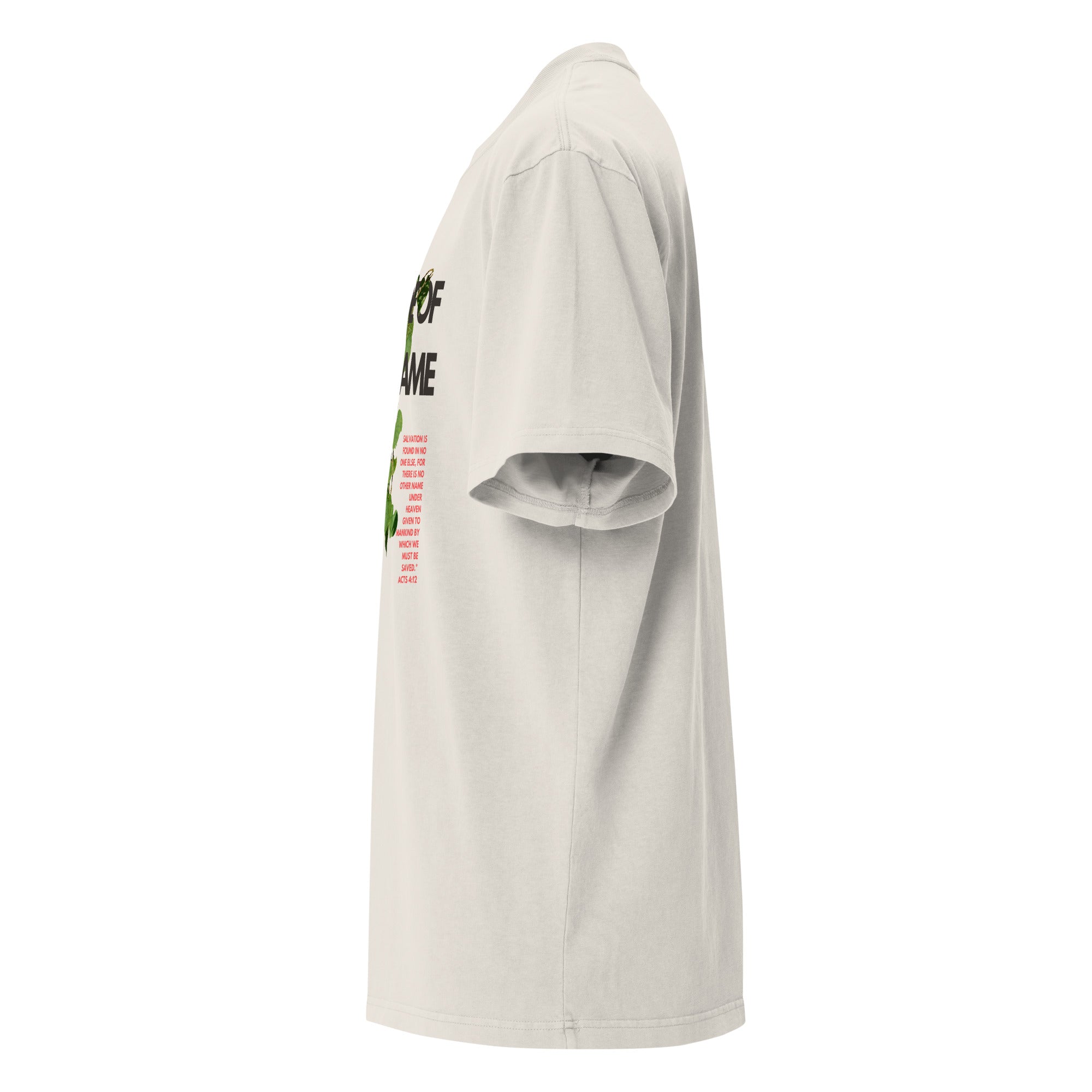Side angle of cream 'Outside of Your Name' oversized T-shirt – Christian statement shirt with fig vine and distressed typography – Influence View