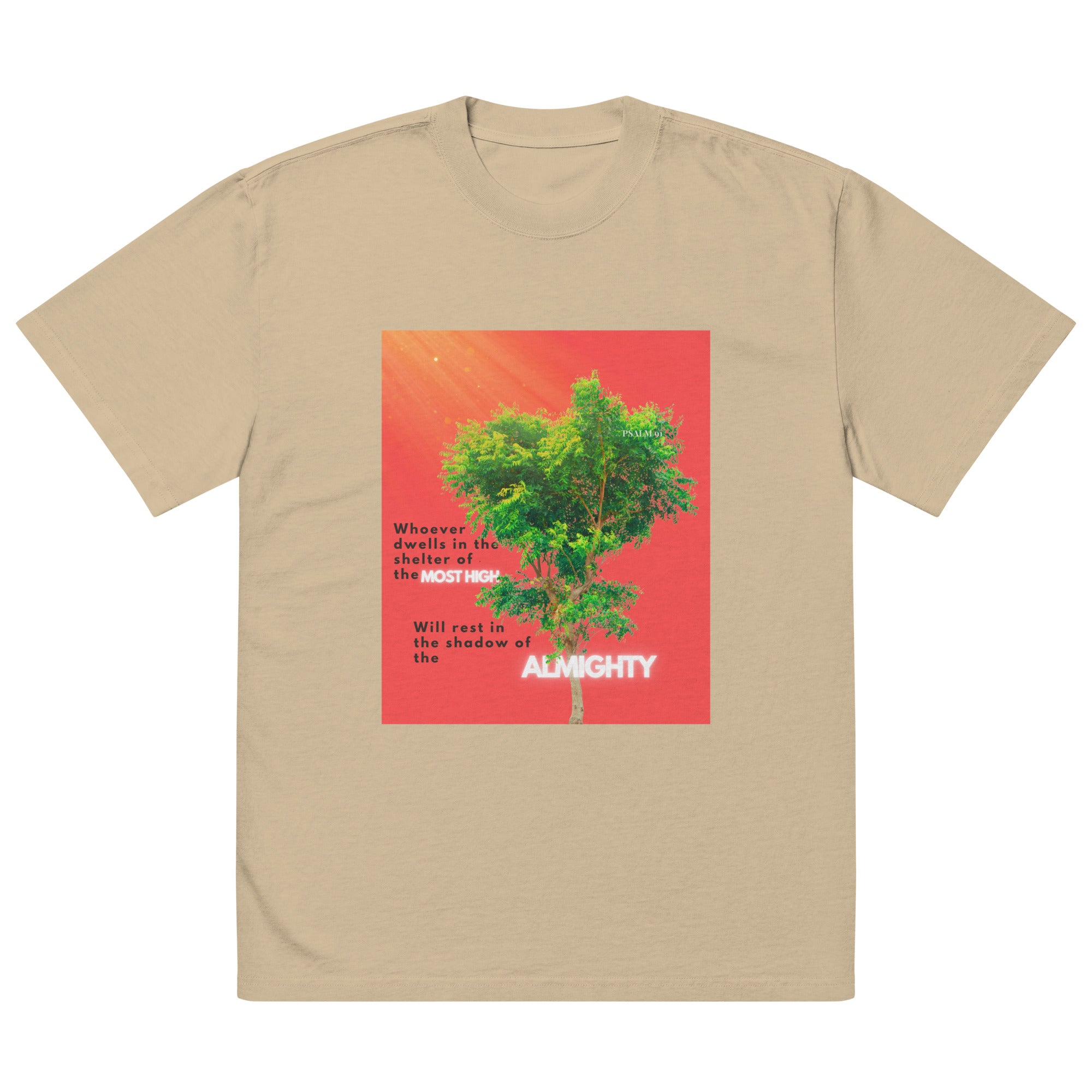 Tan oversized tee with a vibrant red background graphic showing a green tree under radiant sunlight. Features a Psalm 91 Bible verse, bold white “Almighty” text, and hidden scripture detail in the foliage.