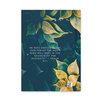 Front and back cover of the ‘Shelter in the Quiet’ Christian journal featuring deep green and gold leaves, Psalm 91 verse, and clean minimalist typography