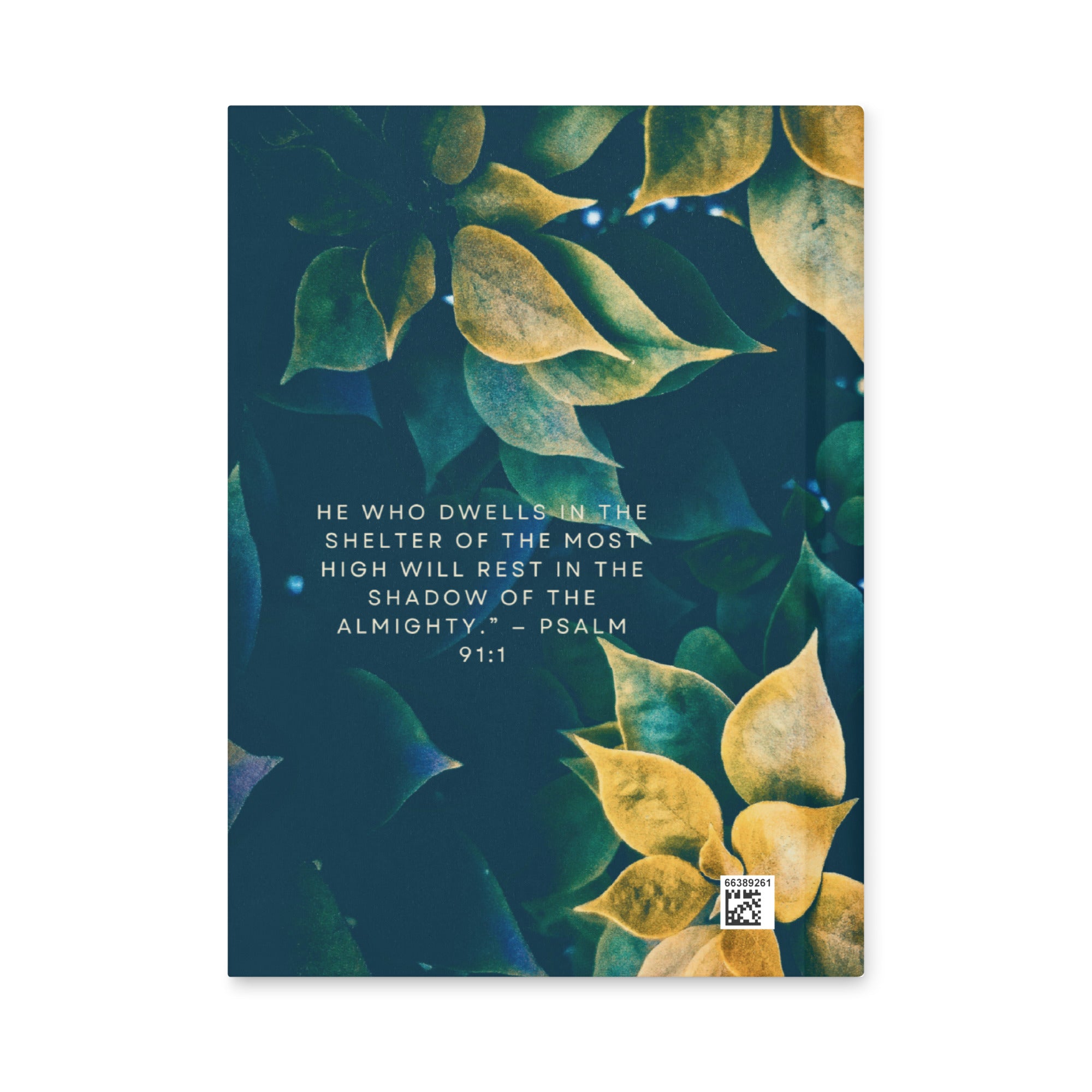Front and back cover of the ‘Shelter in the Quiet’ Christian journal featuring deep green and gold leaves, Psalm 91 verse, and clean minimalist typography