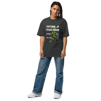 Woman wearing oversized black 'Outside of Your Name' tee – bold distressed scripture design with fig branch graphic – Influence View faith-based apparel