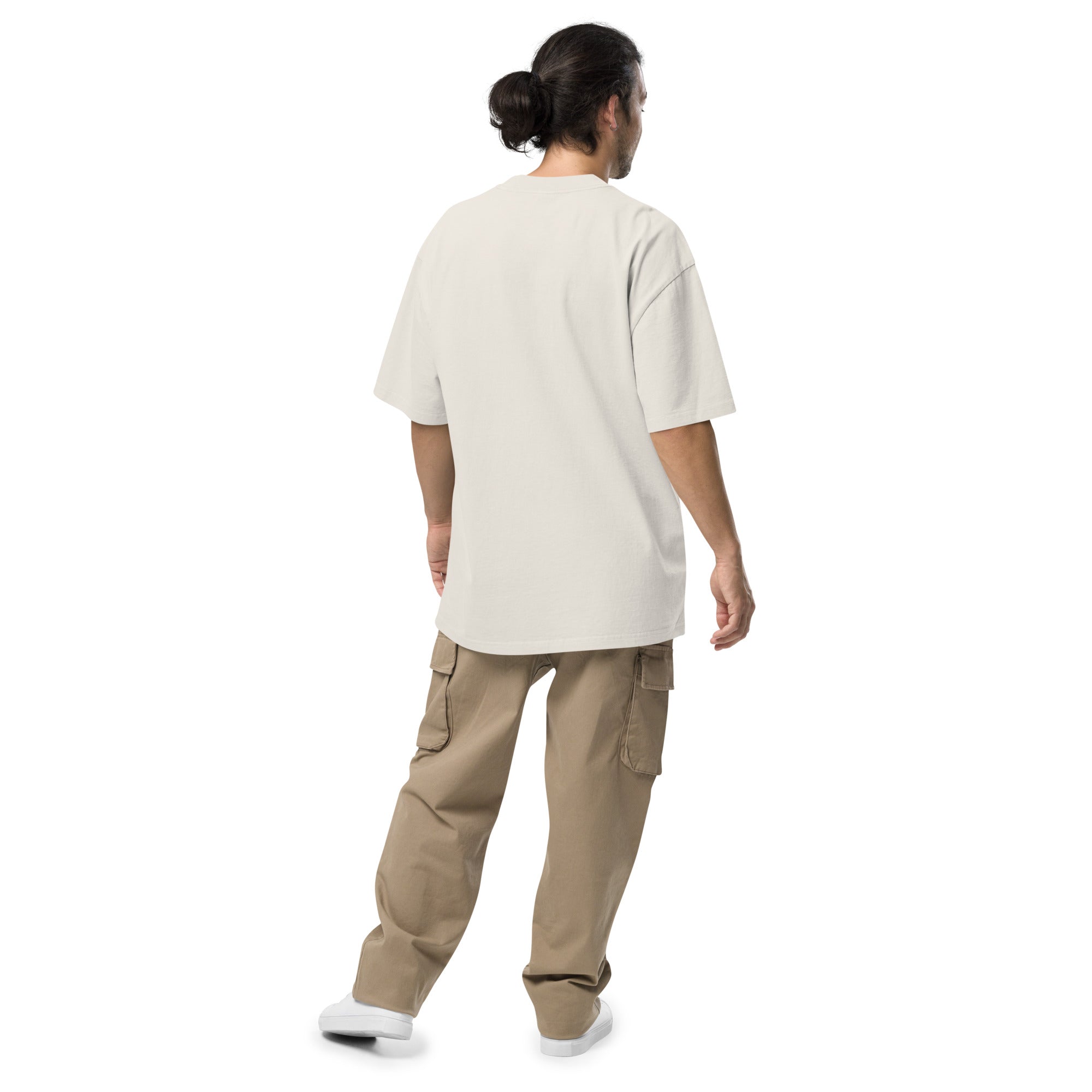 Back of cream 'Outside of Your Name' oversized tee – unisex Christian shirt with minimalist back and bold front design – Influence View