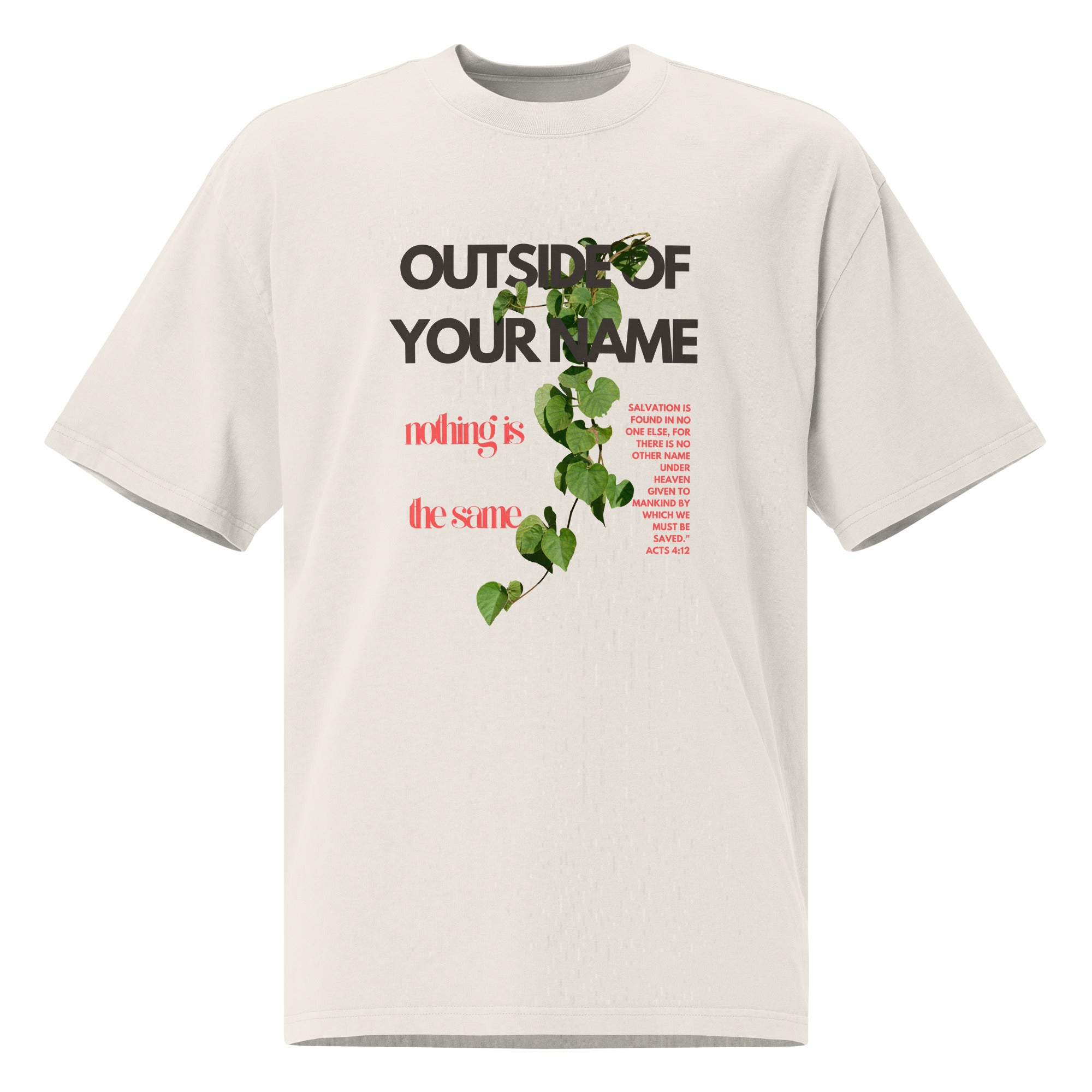 Flat lay of cream 'Outside of Your Name' oversized Christian tee – bold red and green fig vine artwork with scripture-inspired message – Influence View