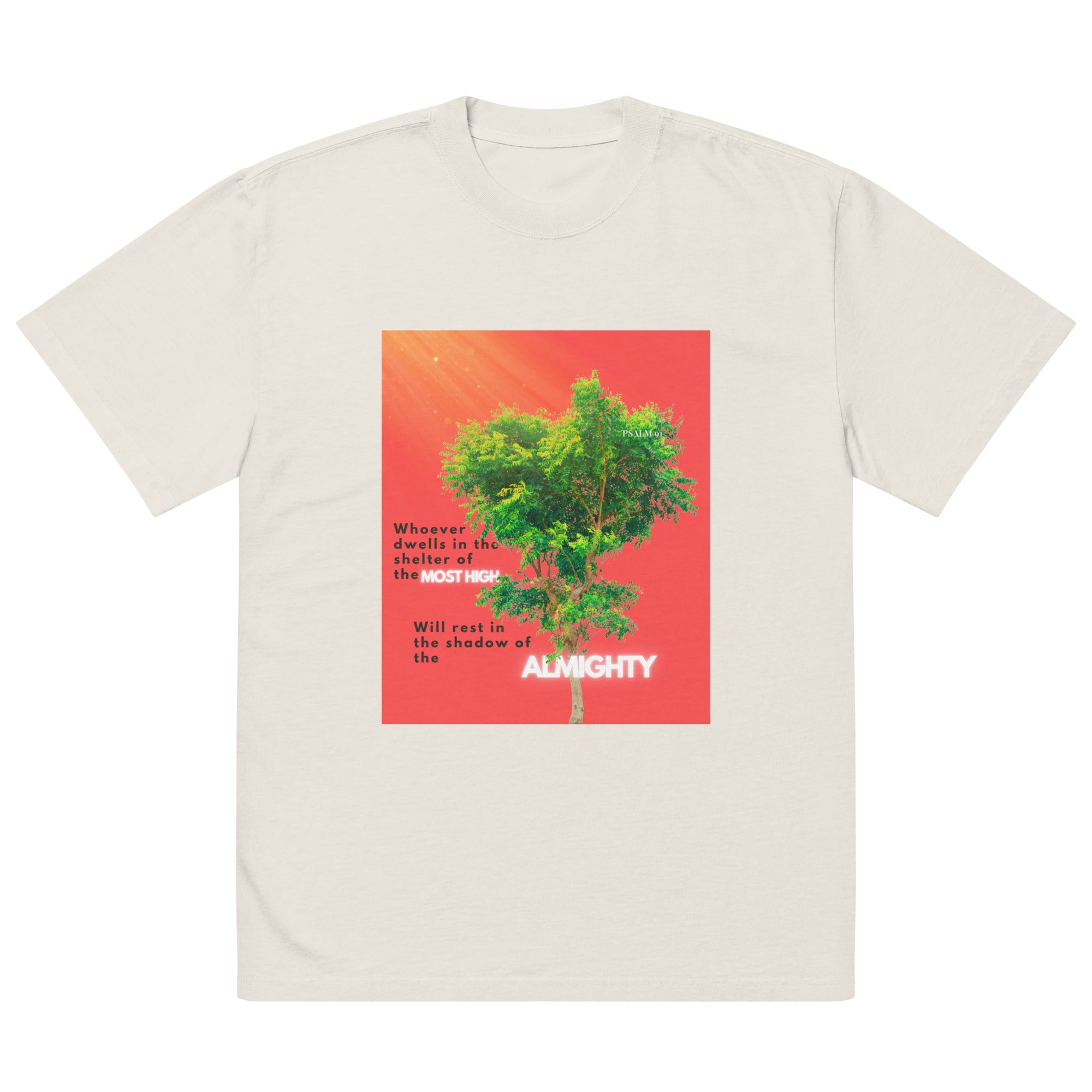 Cream-colored oversized Christian T-shirt with a red square graphic of a tree and sunbeam. Includes a faith-based design inspired by Psalm 91, with emphasis on “Most High” and “Almighty,” plus hidden text within the leaves.