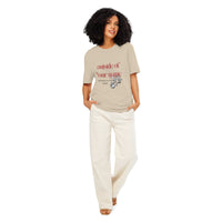Woman wearing tan 'Outside of Your Name' tee – organic-inspired Christian statement shirt with red text and fig illustration – Influence View apparel