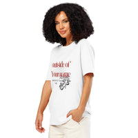 Woman modeling white 'Outside of Your Name' Christian tee – red distressed text with fig illustration – Influence View faith-based apparel"