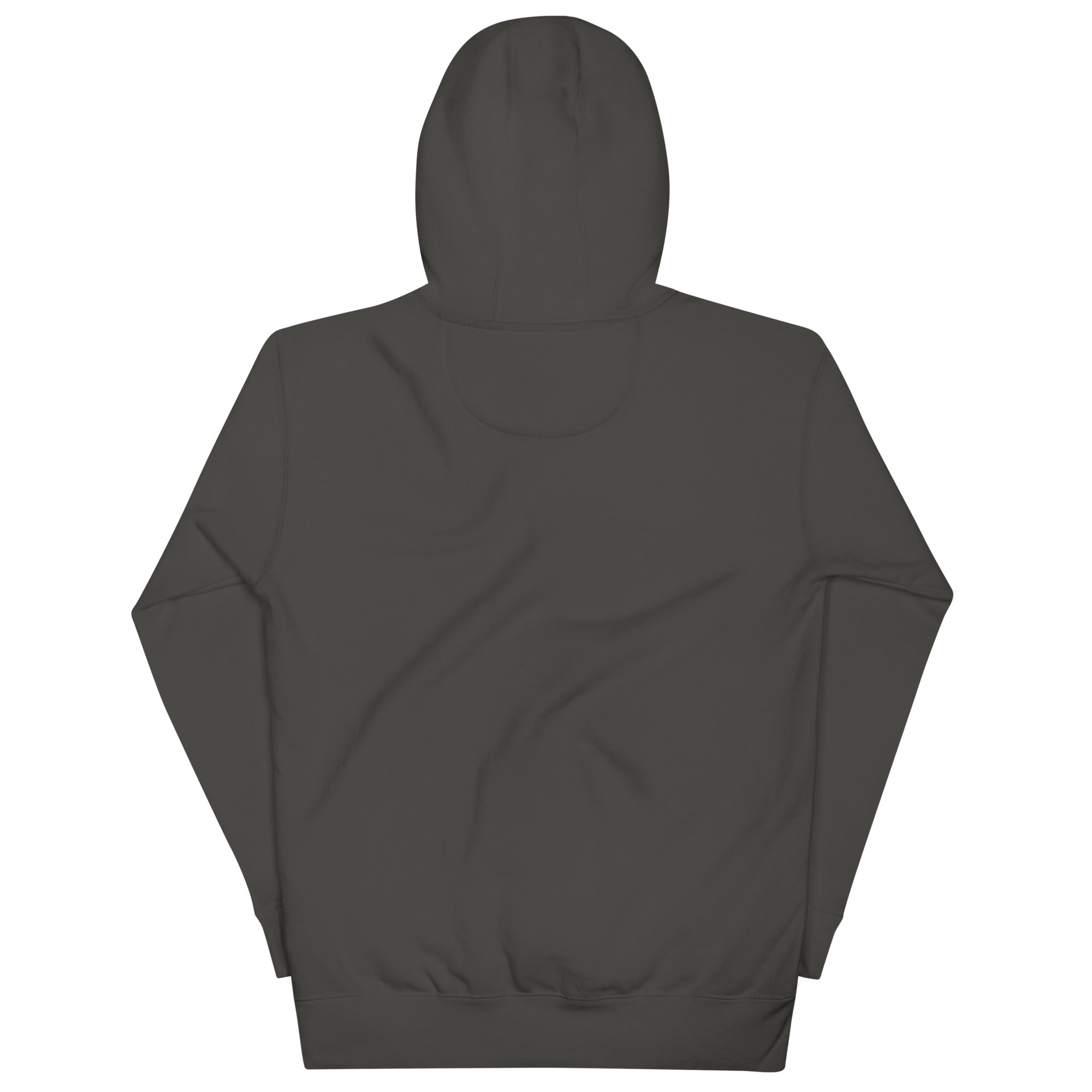 Back of a vintage black hoodie laid flat with no print. Shows hood, cuffs, and hem details of the premium garment.