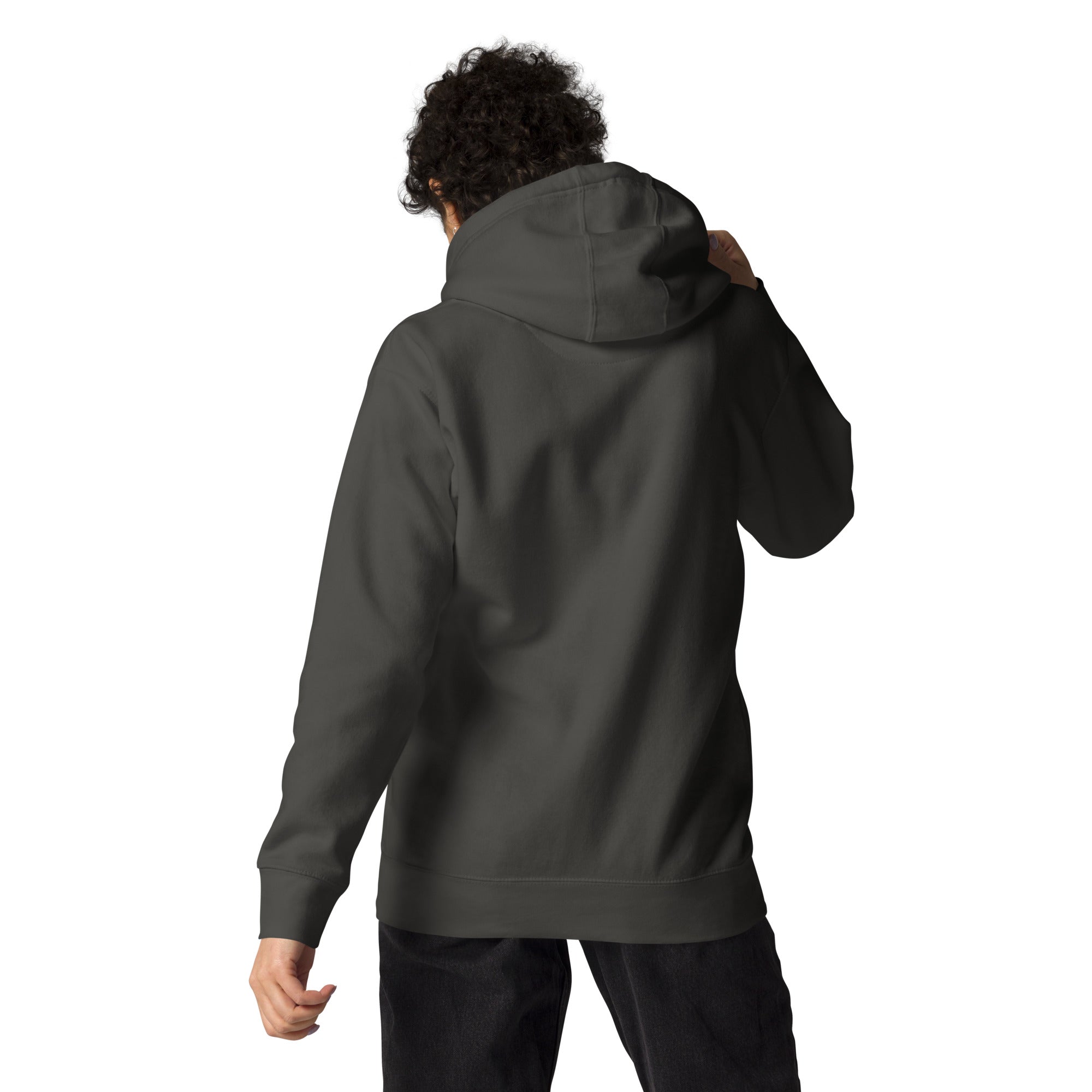 Back view of a person wearing a solid vintage black hoodie with no design on the back. Classic fit with dropped shoulders and a relaxed silhouette.