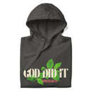 Vintage black Christian hoodie folded flat with hood up. Features centered “God Did It” graphic in white and green with a red Bible verse reference.