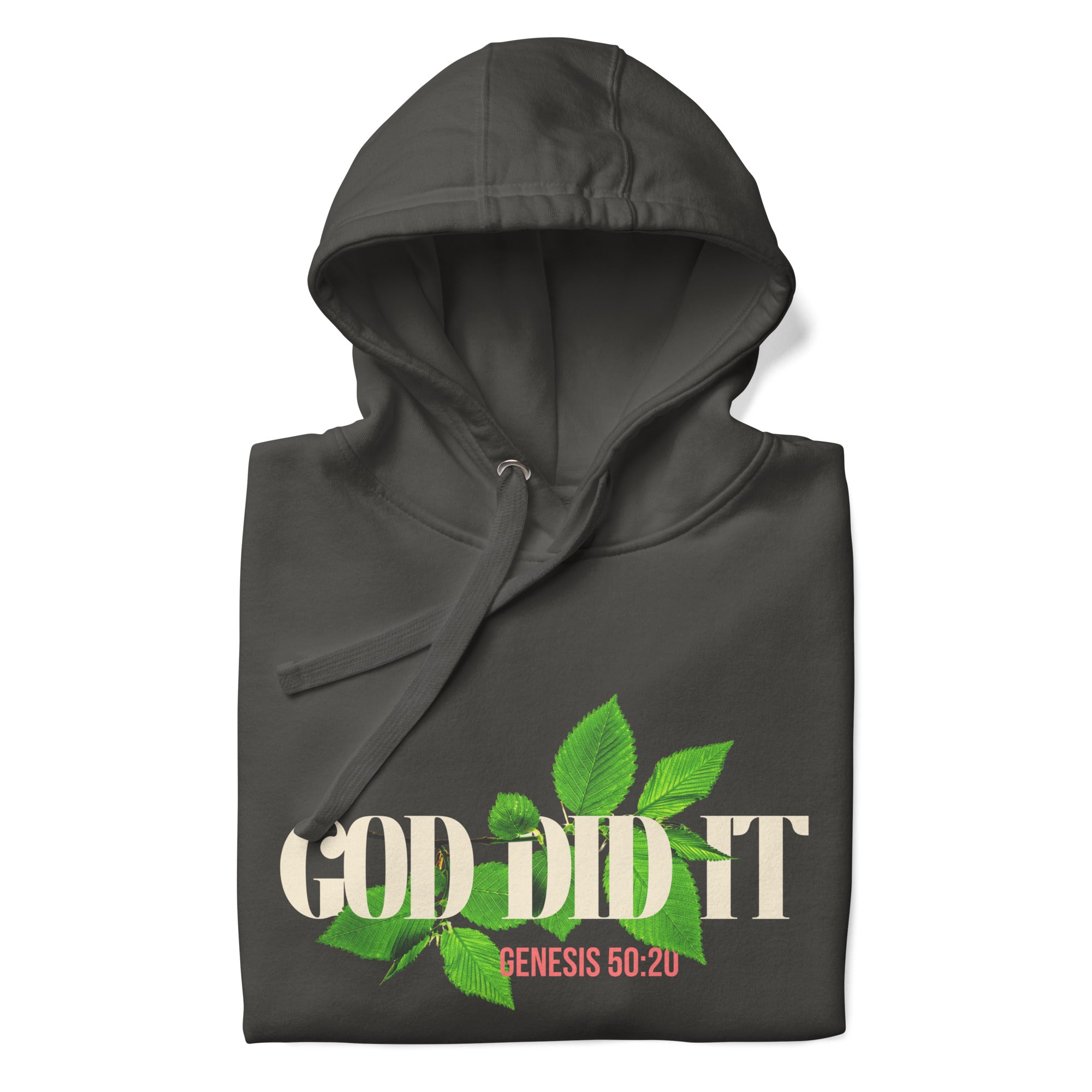 Vintage black Christian hoodie folded flat with hood up. Features centered “God Did It” graphic in white and green with a red Bible verse reference.