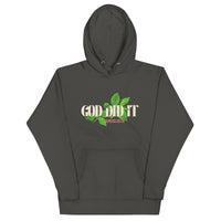 Vintage black premium hoodie laid flat with “God Did It” design printed across the chest. Includes green vine illustration and Genesis 50:20 in red.