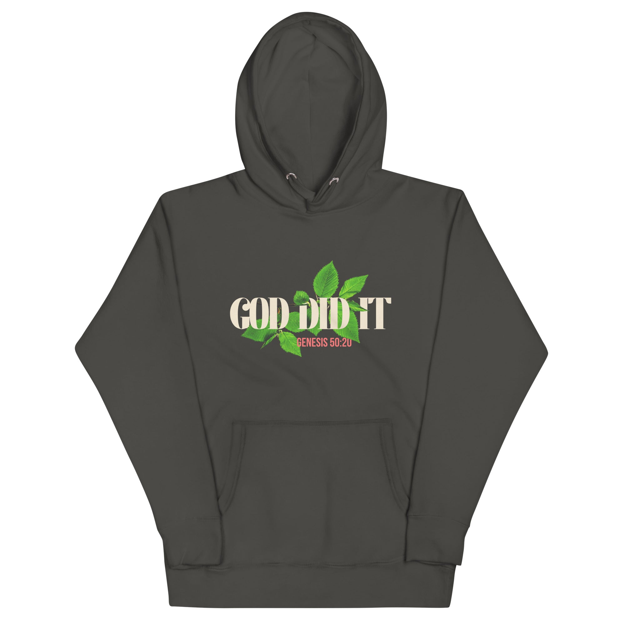 Vintage black premium hoodie laid flat with “God Did It” design printed across the chest. Includes green vine illustration and Genesis 50:20 in red.