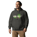 Man wearing a dark Christian faith-based hoodie with “God Did It” in large distressed letters and green vine design. Red “Genesis 50:20” detail under text. Comfortable, modern fit.